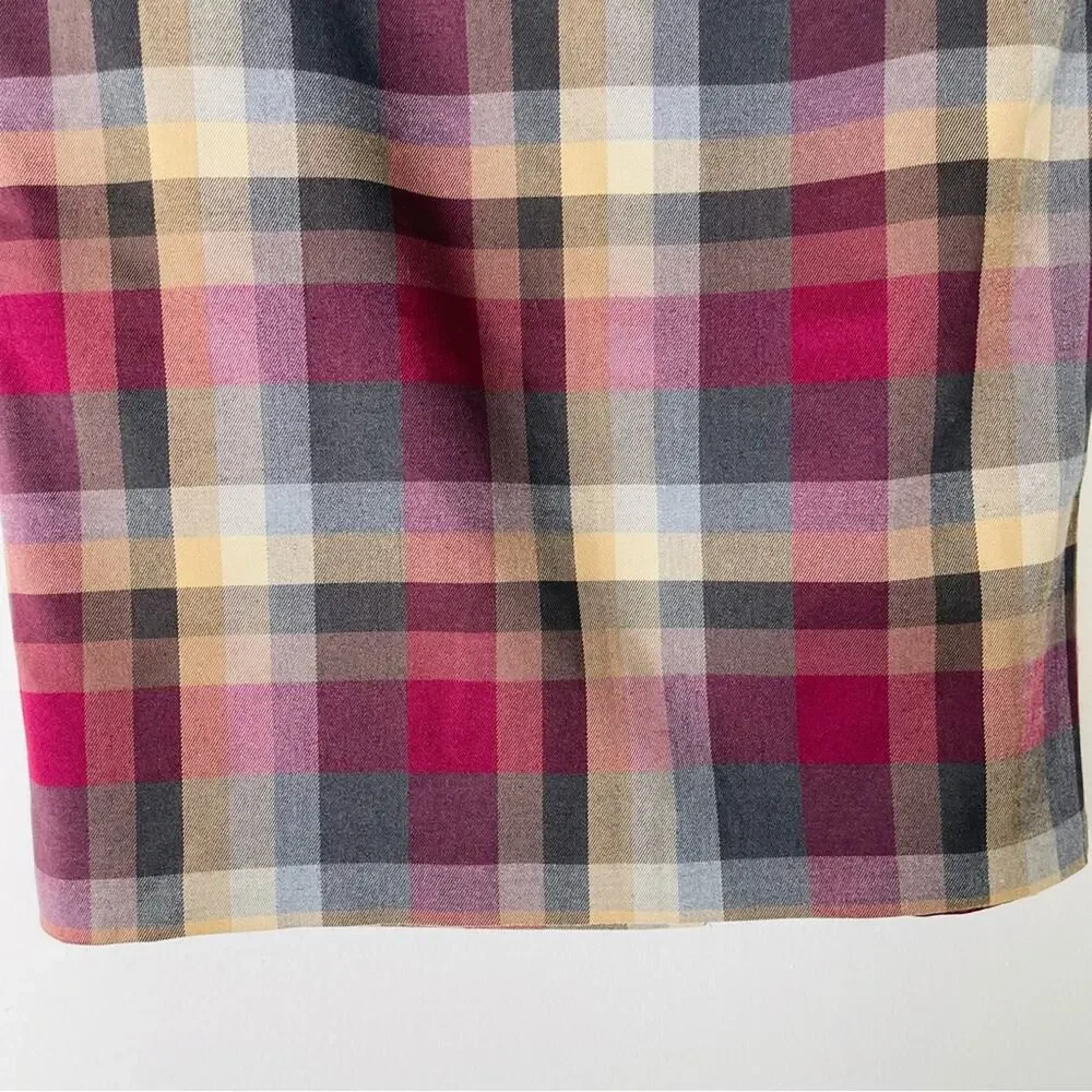 Vintage blue pink tan plaid preppy academia office midi skirt 10